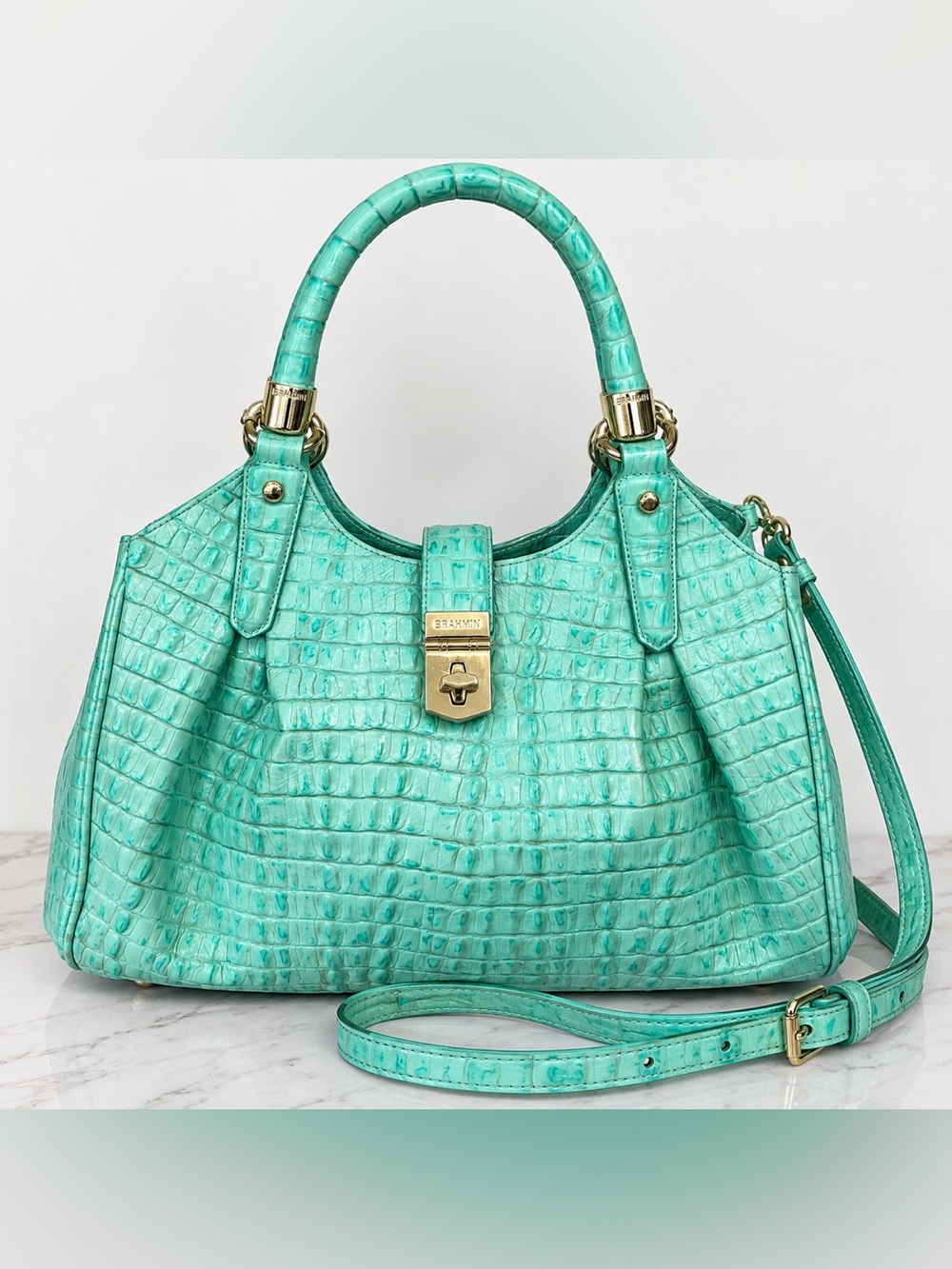 Brahmin Elisa Mint La Scala Genuine Leather Satchel Crossbody Bag
